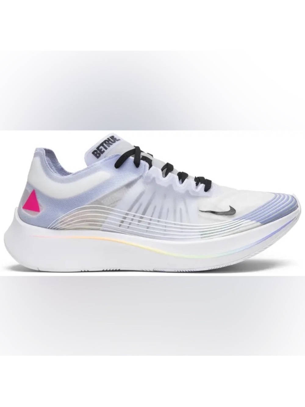 Nike Zoom Fly SP 'Be True' running shoe in the white, black, and palest purple